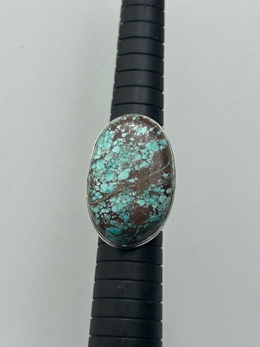 925 Silver Turquoise Matrix Oval Ring - Blue-Green and Brown